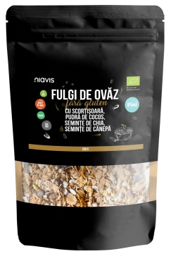 Fulgi de Ovaz Fini Fara Gluten cu Scortisoara, Pudra de Cocos, Chia si Seminte de Canepa Ecologici/Bio 200g - Img 2