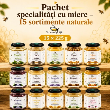Pachet specialități cu miere – 15 sortimente naturale StrongLife, 15 × 225 g - Img 2