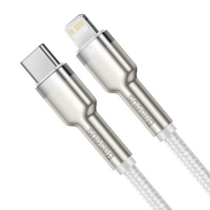 CABLU alimentare si date Baseus Cafule Metal, Fast Charging Data Cable pt. smartphone, USB Type-C la Lightning Iphone PD 20W, brodat, 1m, alb - Img 2