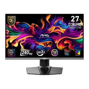 MSI MAG 272UP QD-OLED X24. Display diagonal: 67.3 cm (26.5"), Display resolution: 3840 x 2160 pixels, HD type: 4K Ultra HD, Display technology: QD-OLED, Response time: 0.03 ms, Native aspect ratio: 16:9, Viewing angle, horizontal: 178°, Viewing angle,