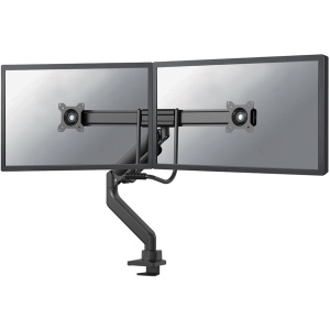 Brat dublu pentru monitor Neomounts, tip full motion, pentru display-uri cu diagonale 17"-32", sistem de prindere VESA 75x75~100x100mm, greutate maxima suportata 8kg per ecran, tilt +10°, -10°, swivel +90°, -90°, rotate +180°, -180°, reglabil pe