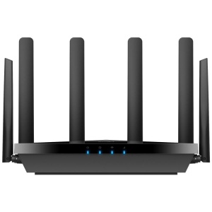 Router wireless Cudy P5, AX3000 dual-band Wi-Fi 6, procesor Qualcomm dual-core, 4 porturi Gigabit Ethernet, 4× antena mobila detasabila, 2× antena WiFi fixa, negru