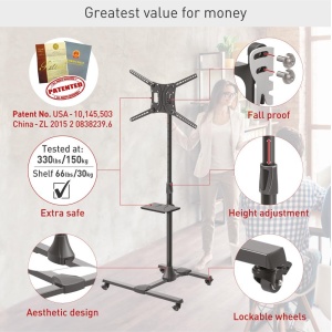 Suport Mobil de podea pentru TV plat/curbat Barkan + raft metal pentru laptop, 32" - 83", VESA 600x400mm, suporta pana la 50kg, Negru - Img 3