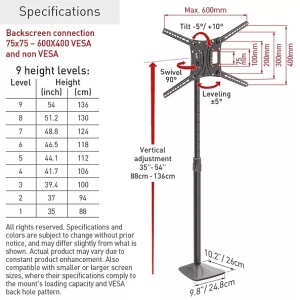 Suport TV de podea, Barkan FS420, Fix, 13"-83", VESA 600x400, suporta pana la 50kg, Negru - Img 2