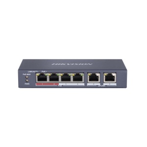 Switch PoE Hikvision DS-3E0106P-E/M(B): 4 x 10/100Mbps PoE port, and 2 × 10/100Mbps RJ45 port, 4 porturi PoE maxim 30W, buget PoE 35W, tensiune alimentare 48 VDC, 0.8 A, dimensiuni: 145 mm × 68.45 mm × 25.6 mm, greutate: 0.27kg, montare pe birou sau pe - Img 2