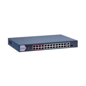 Switch PoE Hikvision DS-3E1326P-EI/M: 24 × 10/100 Mbps PoE port,1 × Gigabit combo,1 × Gigabit RJ45 port, 24 porturi PoE maxim 30W, buget PoE 230W, tensiune alimentara: 100-240 VAC, 50/60 Hz, Max. 4 A, dimensiuni: 335.00 mm × 44.50 mm × 226.00 mm,