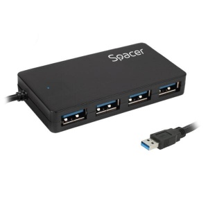 Hub extern Spacer, porturi USB: USB 3.0 x 4, conectare prin USB 3.0, lungime cablu 15cm, negru