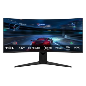 Monitor TCL 34" 34R83Q, Curvature: 1500R, Diagonal (inch): 34, Diagonal (cm): 86, Aspect ratio: 21:9, Panel: QD-Mini LED, Resolution: 3440x1440, Refresh Rate: 170Hz, Response time GtG: 1ms, Brightness (max): 1600 cd/m², Contrast (static) : 4000:1,