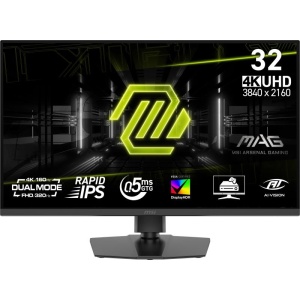 MSI MAG 322URDF E16. Display diagonal: 80 cm (31.5"), Display resolution: 3840 x 2160 pixels, HD type: 4K Ultra HD, Response time: 0.5 ms, Native aspect ratio: 16:9, Viewing angle, horizontal: 178°, Viewing angle, vertical: 178°. Built-in USB hub, USB