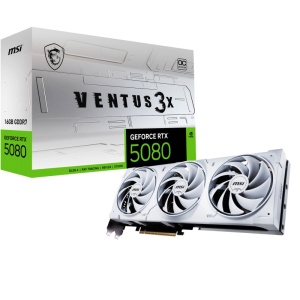MSI VENTUS GEFORCE RTX 5080 16G 3X OC WHITE. Graphics processor family: NVIDIA, Graphics processor: GeForce RTX 5080. Discrete graphics card memory: 16 GB, Graphics card memory type: GDDR7, Memory bus: 256 bit. Maximum resolution: 7680 x 4320 pixels.