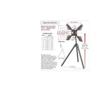 Suport tripod portabil de podea pentru TV Barkan, 13" - 83", VESA 600x400mm, Max 50kg, Negru - Img 2