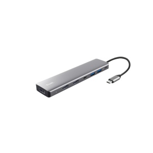 Adaptor Trust Dalyx 7-in-1, 2 porturi interfata USB-A 3.2 gen 1, 1 port USB-C, 2 porturi HDMI, 1 display port, 1 charging port USB-C 100W, led indicator oprit/pornit, lungime cablu 16cm, gri