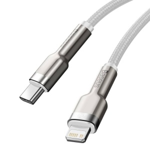 CABLU alimentare si date Baseus Cafule Metal, Fast Charging Data Cable pt. smartphone, USB Type-C la Lightning Iphone PD 20W, brodat, 1m, alb - Img 3