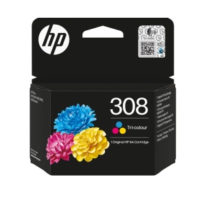 HP 308 Tri-color Original Ink Cartridge. Colour ink type: Dye-based ink, Cartridge capacity: Standard Yield, Supply type: Combo pack, Colour ink page yield: 120 pages, Printing colours: Cyan, Magenta, Yellow, Quantity per pack: 1 pc(s)