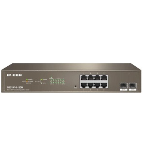 IP-COM 8-Port Gigabit Ethernet managed switch, G3310P-8-150W; Network standard: IEEE 802.3, IEEE 802.3u, IEEE 802.3ab, IEEE 802.3x, IEEE 802.3z, IEEE 802.1p, IEEE 802.1q, IEEE 802.1w, IEEE 802.1d, IEEE 802.3af, IEEE 802.3at, Interfata: 8 x 10/100/1000