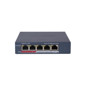 Switch 4 porturi PoE Hikvision DS-3E1105P-EI, L2, Smart Managed, 4 × 100 Mbps PoE RJ45 ports, si 1 × 100 Mbps network RJ45 port, Putere PoE 60 W, maxim 30W per port, Extend mode - pana la 300 metri, material metal, dimensiuni: 105 mm × 27.6 mm × 83.1 mm,