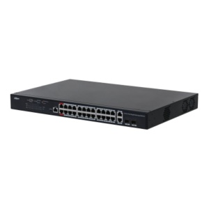 Dahua managed switch 26 porturi, 24 porturi POE, Interfata:24 x 10/100/1000 Mbps, 2 x 2 gigabit uplink combo ports, Buget POE: 370w, Switching Capacity: 56 Gbps, Packet Forwarding Rate: 41.7 Mpps, Standarde retea: IEEE 802.3, IEEE 802.3u, IEEE 802.3ab,