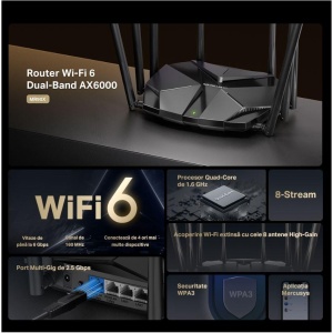 Mercusys MR90X Dual-Band WiFi 6 Router (AX6000), Standarde wireless: Wi-Fi 802.11ax/ac/a/b/g/n , Viteza wireless: 4804 Mbps (5 GHz) + 1148 Mbps (2.4 GHz), Interfata: 1× Port WAN/LAN de 2.5 Gbps + 1× Port WAN/LAN Gigabit + 2× Porturi LAN Gigabit LAN , 8 - Img 3