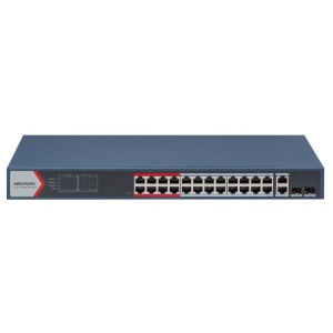 Switch 24 porturi Hikvision DS-3E1326P-EI(B), L2, Smart Managed, 24 × 10/100 Mbps PoE RJ45 ports si 2 × gigabit combos, Putere PoE 370W, Extend mode - pana la 300 metri, maxim 30W per port, Switching capacity 8.8 Gbps, Network topology management, alarm