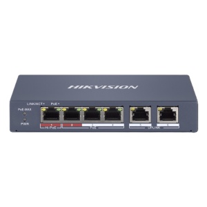 Switch PoE Hikvision DS-3E0106P-E/M(B): 4 x 10/100Mbps PoE port, and 2 × 10/100Mbps RJ45 port, 4 porturi PoE maxim 30W, buget PoE 35W, tensiune alimentare 48 VDC, 0.8 A, dimensiuni: 145 mm × 68.45 mm × 25.6 mm, greutate: 0.27kg, montare pe birou sau pe - Img 1