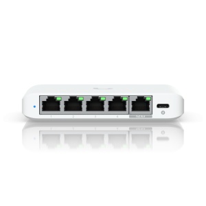 Ubiquiti USW-Flex-2.5G-5, 5 porturi RJ45 1/2.5 GbE, capacitate 25 Gbps, 1 adaptor de alimentare AC, 5V DC, 1A, 1 PoE (PairA 1, 2+; 3, 6-)(PairB 4, 5+; 7, 8-), dimensiuni 117.1 x 90 x 21.2 mm (4.6 x 3.5 x 0.8")