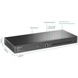 "JetStream™ 8-Port 10GE SFP+ L2+ Managed Switch PORT: 8× 10G SFP+ Slots, RJ45/Micro-USB Console Port SPEC: 1U 19-inch Rack-mountable Steel Case FEATURE: Integration with JetStream™ SDN Controller, Static Routing, OAM, sFlow, DDM, 802.1Q VLAN, QinQ,