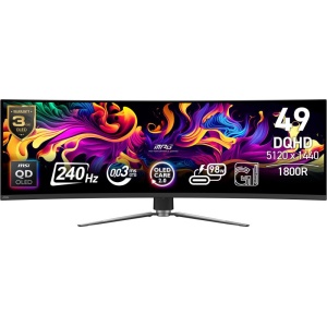 Monitor MSI 49" MPG 491CQPX QD-OLED, Curvature: 1800R, Diagonal (inch): 49, Diagonal (cm): 124, Aspect ratio: 32:9, Panel: QD-OLED, Resolution: 5120x1440, Refresh Rate: 240Hz, Response time GtG: 0.03ms, Brightness (max): 450 cd/m², Contrast (static) :