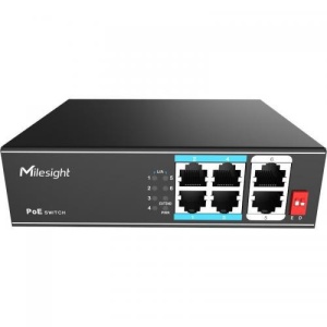 POE Switch Milesight 4 Porturi POE, Porturi: 4X10/100Mbps POE ports (RJ45) + 2X100Mbps uplink ports, Alimentare: AC 100~240V, 50-60Hz, 1A, Buget POE: max. 65W, max 30W per port, Temperatura de functionare:-20℃~ 55℃; IP30;