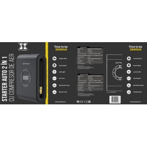 Starter auto cu compresor de aer Serioux, interval de presiune reglabil 3~150PSI/0,2~9,9BAR/20~990KPA, temperatura de functionare incărcare: 0° C~45°C, Descărcare: -20°C~60°C, temeperatura de depozitare 10 °C~50 °C, lungimea tubului de umflare 115 mm - Img 3