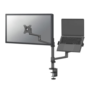 Suport dublu laptop de birou Neomounts DS20-425BL2; pentru display-uri cu diagonale 17"-27", sistem de prindere VESA 75x75~100x100, greutate maxima suportata 8kg, tilt +90°, -30°, swivel 90°, rotate 360°, distanta fata de perete 162-494mm; inaltime