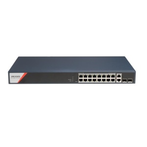 Switch PoE Hikvision DS-3E1520HP-SI-16P2T2F: 16 x 10/100/1000 PoE Ports, 2 × 10/100/1000 Mbps RJ45, 8 porturi PoE maxim 90W, buget PoE 230W, tensiune alimentare: 100-240V~ 50/60Hz 4 A, dimensiuni: 440 mm × 44 mm × 220.8 mm, greutate: 2.73kg, montare pe