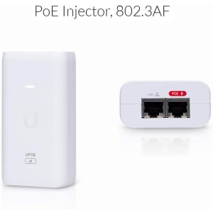Ubiquiti POE External Injector, U-POE-AF, Output Voltage 48VDC @ 0.32A, Rated Voltage: 100-240VAC @ 50/60Hz, Efficiency 84.25%, Delivers up to 50W of PoE.