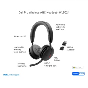 DELL PRO WIRELESS ANC HEADSET WL5024, Tech Specs: Audio (output/speaker): Speaker Size 40mm, Frequency Response 20Hz - 20kHz, Frequency Response (talk mode) 100Hz - 8kHz, Speaker Driver Sensitivity 120dB @ 1mW/1kHz, Noise cancellation Hybrid ANC, User - Img 7