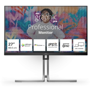 "Monitor AOC 27"" Q27U3CV, Diagonal (inch): 27, Diagonal (cm): 69, Aspect ratio: 16:9, Panel: QD-IPS, Resolution: 2560x1440, Refresh Rate: 75Hz, Response time GtG: 4ms, Brightness (max): 420 cd/m², Contrast (static) : 1000:1, Contrast (dynamic): 50M:1,