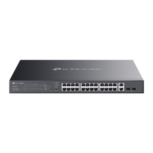 Omada 28-Port Gigabit Easy Managed Switch with 24-Port PoE+ PORT: 24× Gigabit PoE+ Ports, 2x Gigabit Non-PoE Ports, 2× Gigabit SFP Ports SPEC: 802.3at/af, 384W PoE Power, 1U 19-inch Rack-mountable Steel Case FEATURE: Integration with Omada SDN Controller