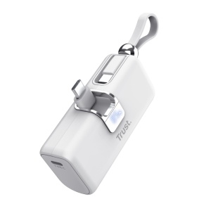 Pocket Powerbank Trust Pacto, capacitate 5000 mAh, timp reincarcare baterie 2 ore, conectivitate USB-C, alb