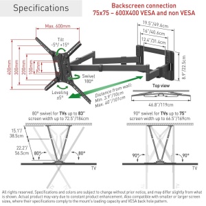 Suport TV plat/curbat de perete cu 2 brate Barkan BM464XL, 13"- 83", Max 50kg, VESA 600x400, negru - Img 10