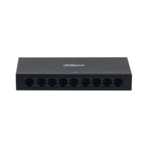 Switch Dahua 9 porturi, unmanaged, Interfata: Port 1-8: 8 × RJ-45 10/100 Mbps, Port 9: 1 × RJ-45 10 M/100 M/1000 Mbps (uplink), Capacitate: 3.6 Gbps, Packet Forwarding Rate: 2.678 Mpps, Greutate: 210g, Dimensiuni: 150 mm × 70 mm × 22.55 mm.
