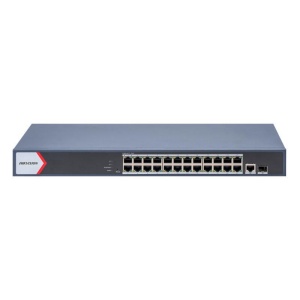 Switch PoE Hikvision SWITCH 24+2 GIGABIT POE: 24 × Gigabit PoE port,1 × Gigabit RJ45 port,1 × Gigabit fiber optical port, standard: IEEE 802.3af,IEEE 802.3at, buget PoE 370W, tensiune alimentara: 100~240 V AC, 50/60 Hz, Max. 6.3 A, dimensiuni: 440.0 mm ×