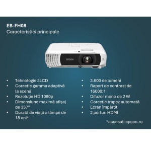 PROJECTOR EPSON EB-FH08, Tehnologie 3LCD, Luminozitate; 3600 Lumeni, Rezolutie: FullHD 1080p, Aspect 16:9, Sursa lumina: Lampa, Durata de viata lampa: 6.000h, 12.000h eco mode, Contrast: 16.000:1, Refresh rate: 192 Hz - 240 Hz, Interfata; USB 2.0 Type B - Img 5