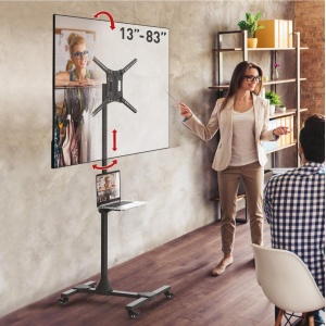 Suport Mobil de podea pentru TV plat/curbat Barkan + raft metal pentru laptop, 32" - 83", VESA 600x400mm, suporta pana la 50kg, Negru - Img 5