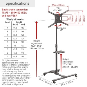 Suport Mobil de podea pentru TV plat/curbat Barkan + raft metal pentru laptop, 32" - 83", VESA 600x400mm, suporta pana la 50kg, Negru - Img 2