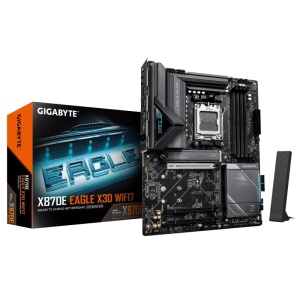 GIGABYTE X870E EAGLE X3D WIFI7. Processor manufacturer: AMD, Processor socket: Socket AM5, Compatible processor series: AMD Ryzen 7000 Series, AMD Ryzen 8000 Series, AMD Ryzen 9000 Series. Supported memory types: DDR5-SDRAM, Maximum internal memory: 256