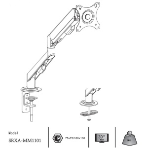 Suport monitor Serioux MM1101, tip: arc cu gaz, reglarea poziției unghiului de înclinare: -45 / + 90 °, pivotant: 180 °, rotatie pentru ambele brate: 360 °, VESA: 75x75mm & 100x100mm, greutate maxima suportata: 9 kg, compatibilitate: 10"-30" - Img 7