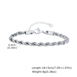 Brățară Bărbați Twist Rope Chain din Oțel Inoxidabil Argintiu 4 mm (18-23 cm)