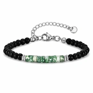 Brățară din Pietre Naturale (Agat Negru & Cilindri din Iasp de Mușchi / Moss Agate Verde) cu Închizătoare din Oțel Inoxidabil