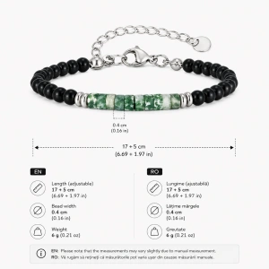 Brățară din Pietre Naturale (Agat Negru & Cilindri din Iasp de Mușchi / Moss Agate Verde) cu Închizătoare din Oțel Inoxidabil - Img 3