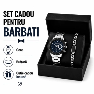 Set Cadou Bărbați Ceas Alain Miller Argintiu/Albastru și Brățară Cuban în Cutie Cadou - Nocturne - Img 3
