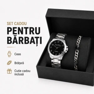 Set Cadou Bărbați Ceas Alain Miller Argintiu Cadran Negru și Brățară Inox în Cutie Cadou - Perseus - Img 3