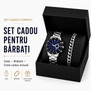 Set Cadou Bărbați Ceas Alain Miller Argintiu-Negru Cadran Albastru și Brățară Cuban Inox în Cutie Cadou - Titan - Img 3